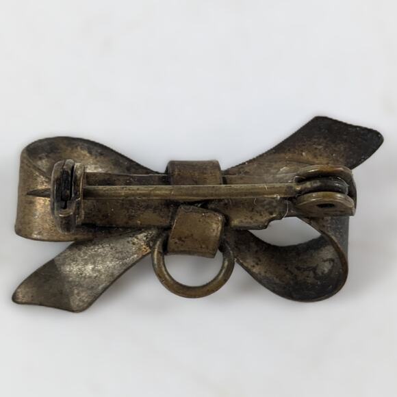 Authentic Vtg Brass Bow Brooch Pin w/ Loop Antique Jewelry Art Deco Patina Gift - Picture 2 of 3